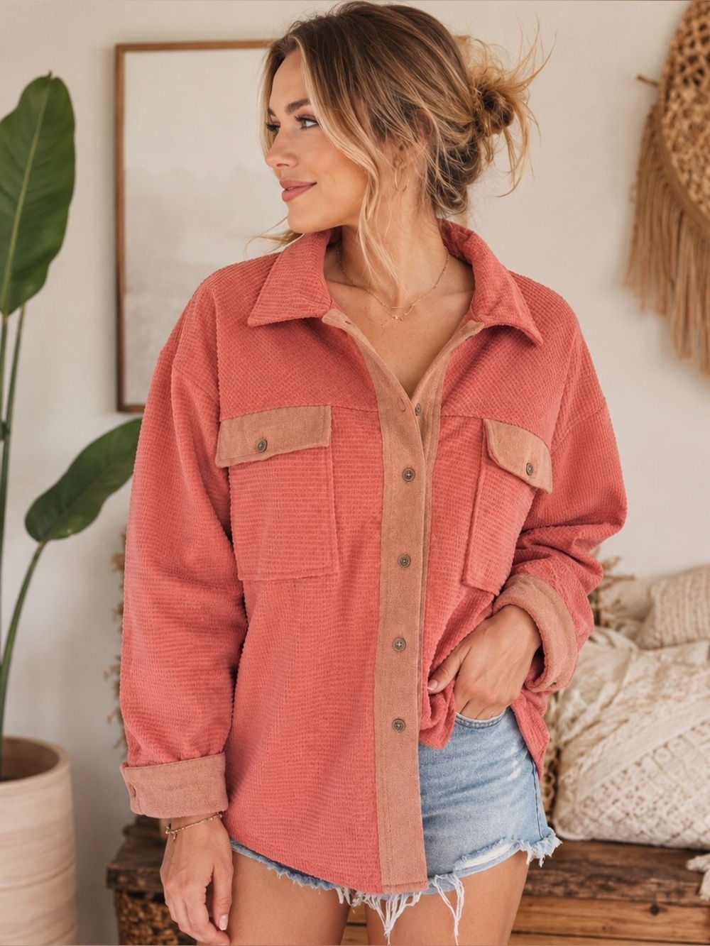 Dusty Rose Waffle Knit Shacket Jacket Faux Suede Trim Oversized Medium